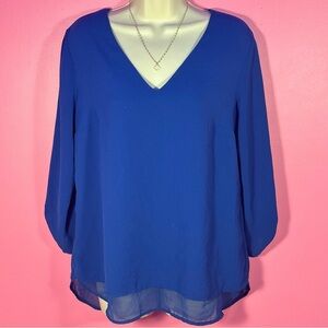 V-Neck Blouse - Button Tab Sleeves - Zip Back - Royal Blue - Size Medium